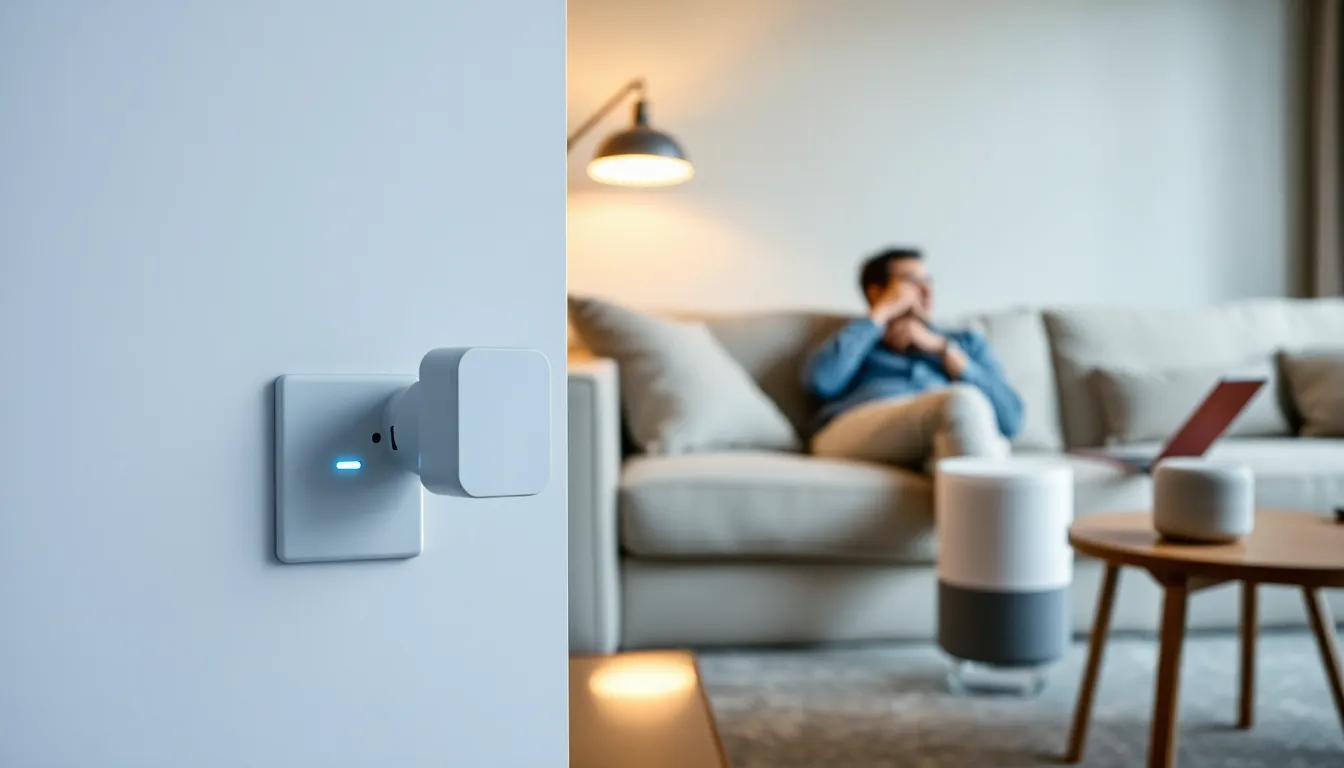 A modern living room with a Google Home smart plug and a user relaxing on the couch.