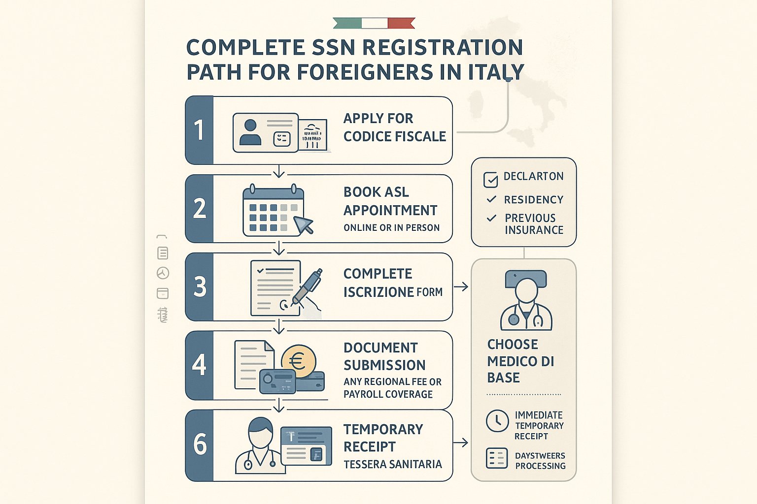 Infografica passo-passo per registrare stranieri al SSN d'Italia.