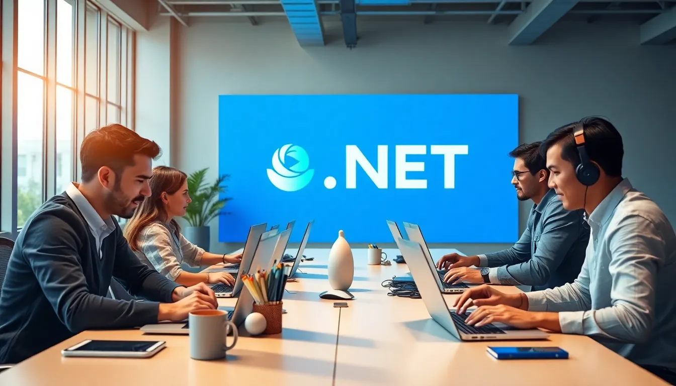 diverse developers collaborating on Beaconsoft .NET applications in a modern office.