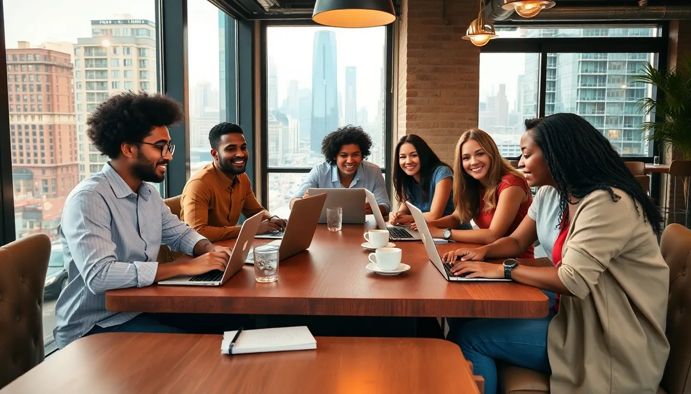 diverse professionals collaborating in a modern co-working space.