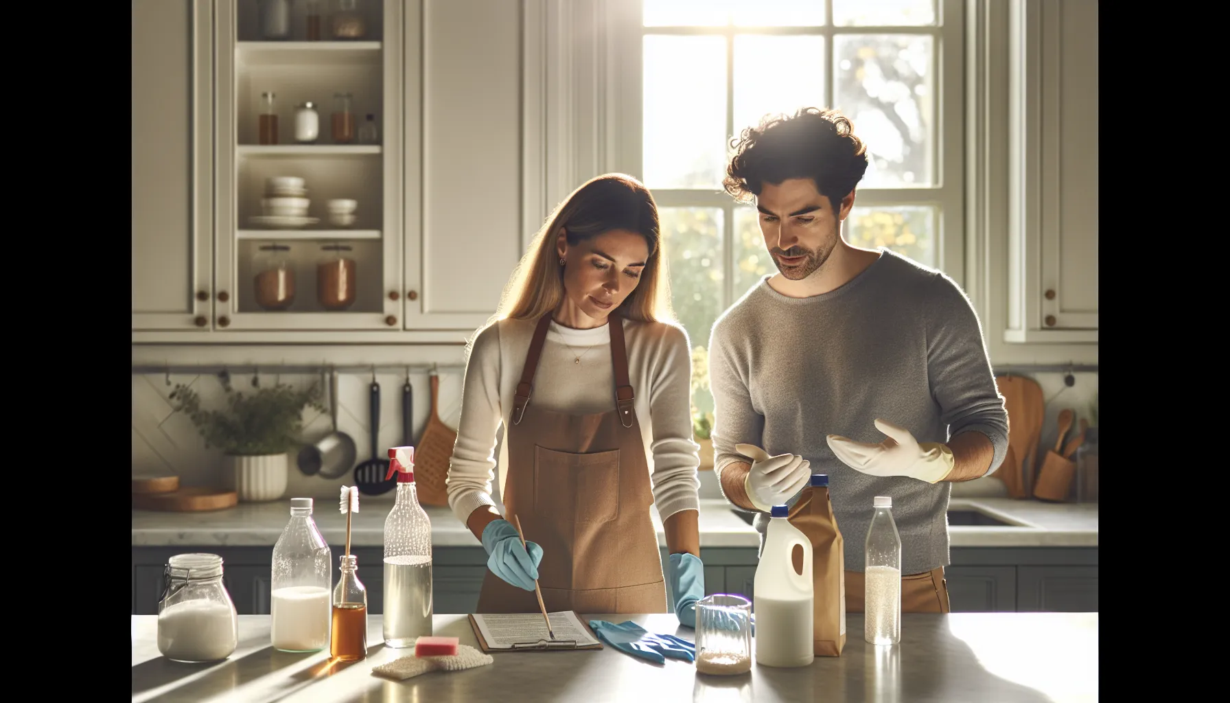 professionals discussing safety precautions for DIY tile cleaner preparation.