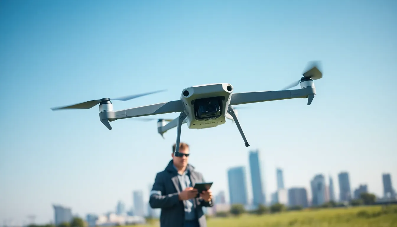 coaxial drone in flight with a pilot in a modern urban setting.