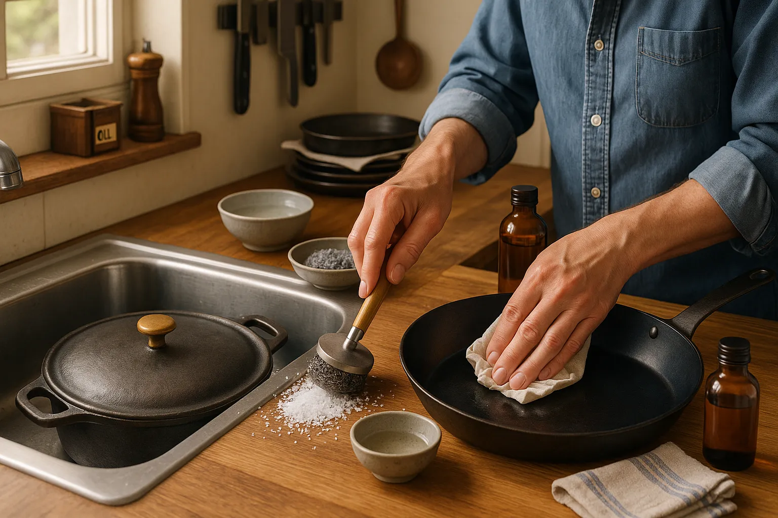 Hands cleaning and oiling cast iron Dutch oven and carbon steel skillet.