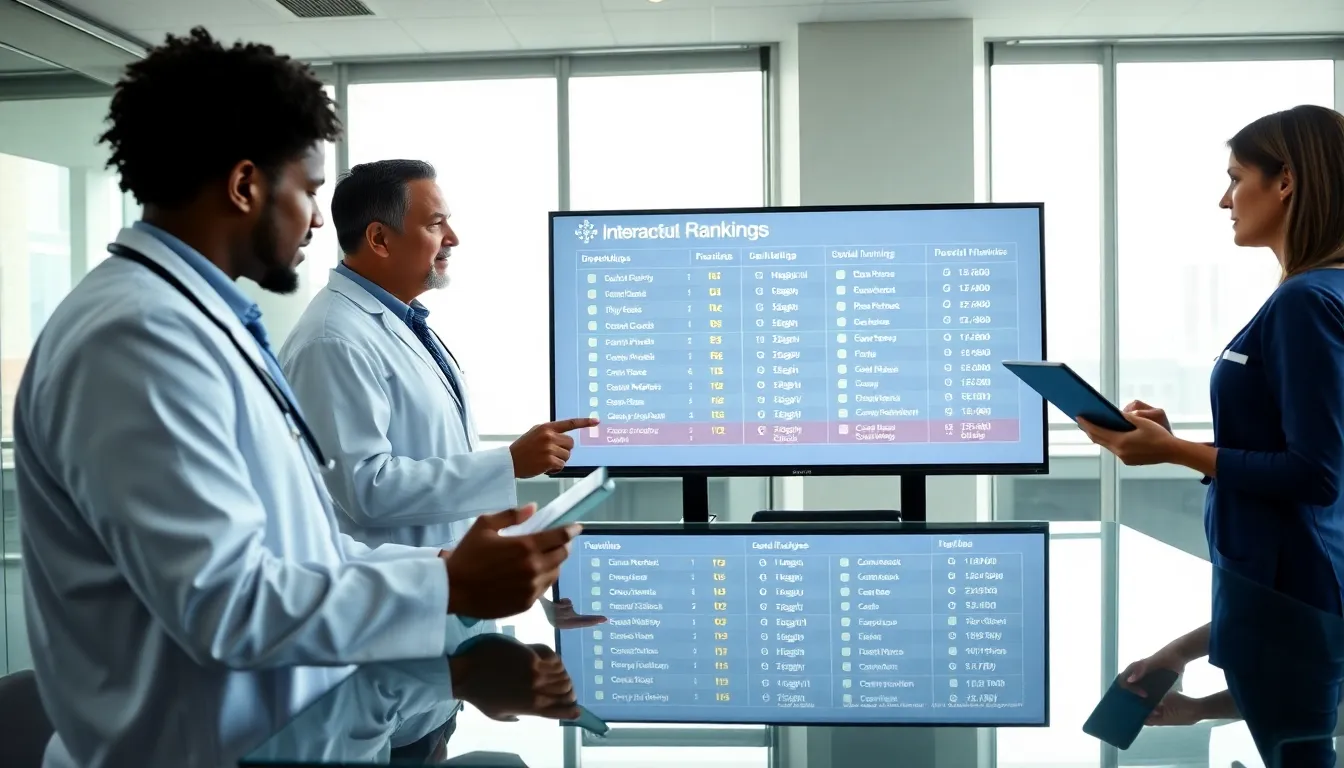 diverse healthcare professionals discussing hospital rankings in a modern conference room.