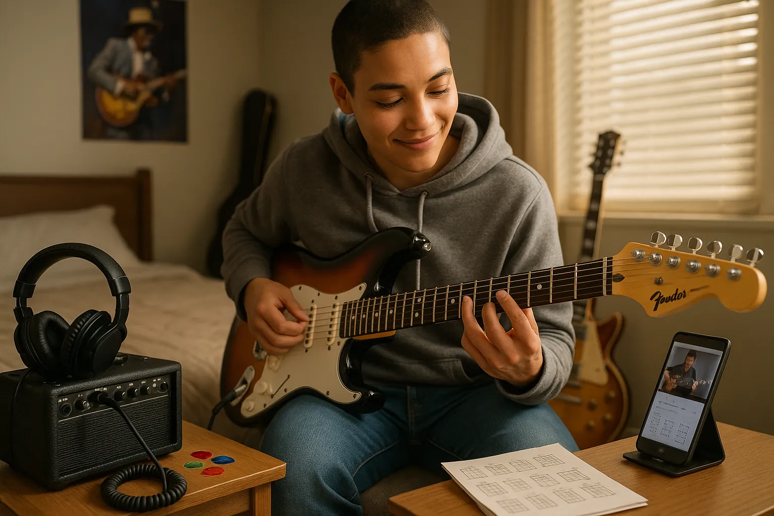 Young person practicing on a sunburst electric guitar with amp and headphones.