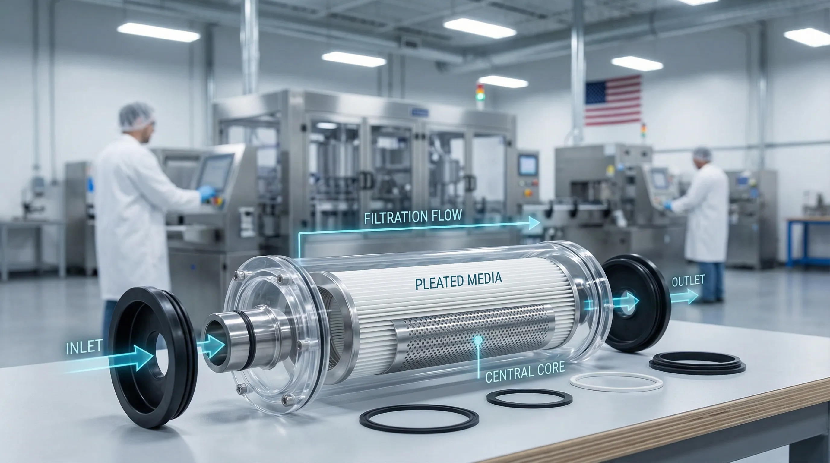 industrial cartridge filter with cutaway showing internal components