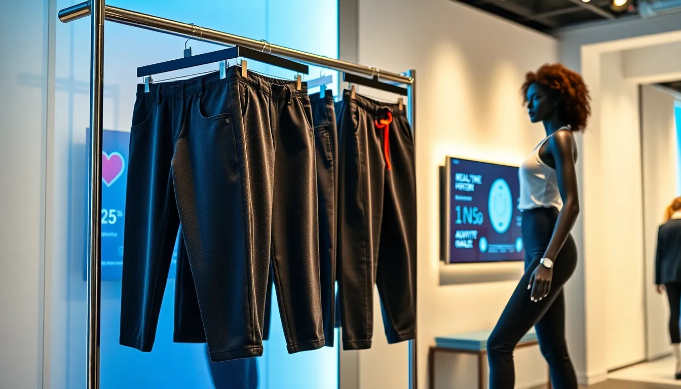 Innovative wearable pants displayed in a modern retail setting.