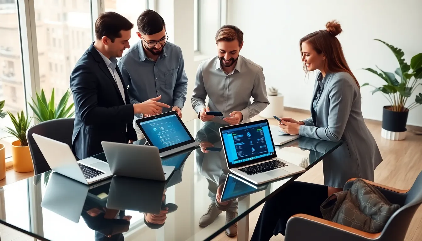 diverse team collaborating on home networking solutions in a modern office.