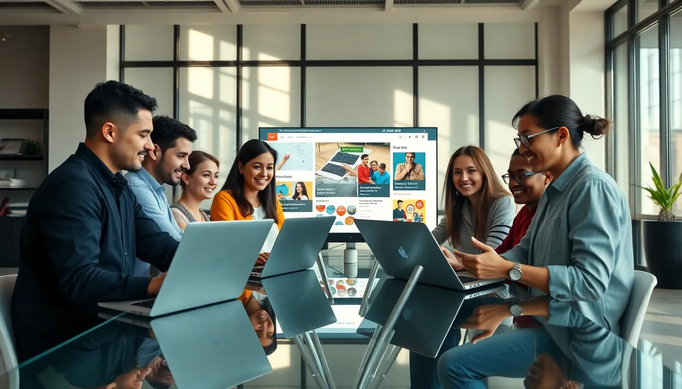 diverse professionals collaborating in a modern workspace with digital content.