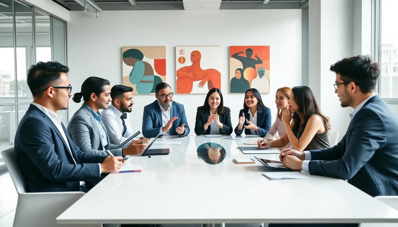 diverse team in a modern office discussing connections and culture.
