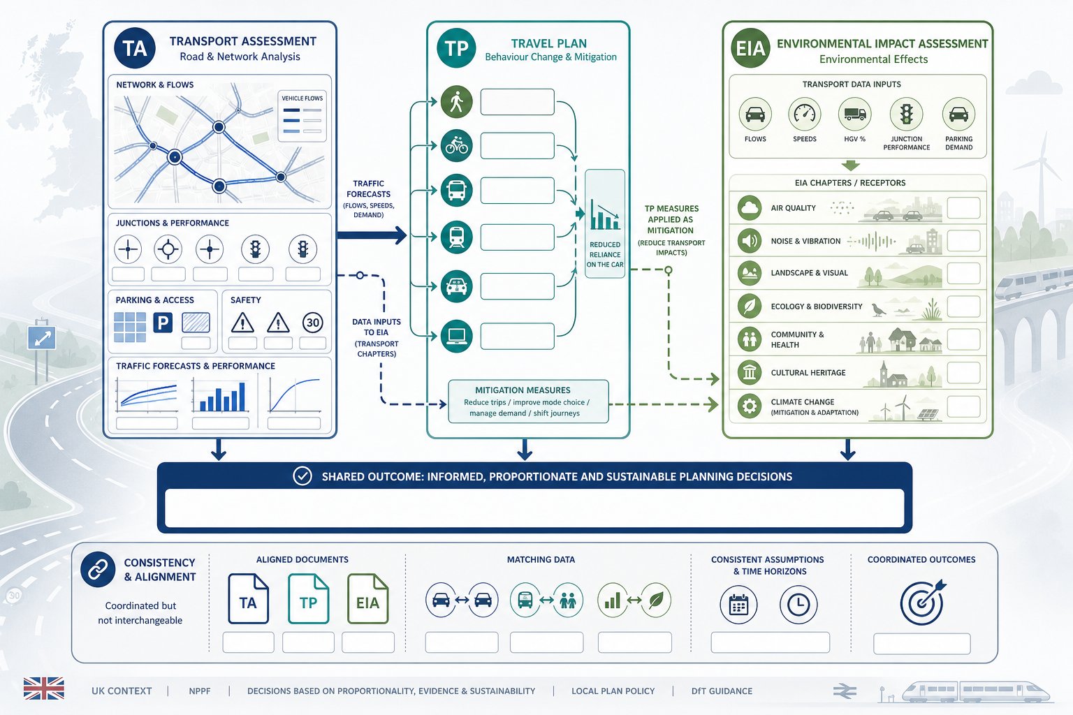 Infographic comparing transport assessment, travel plan, and environmental impact assessment.