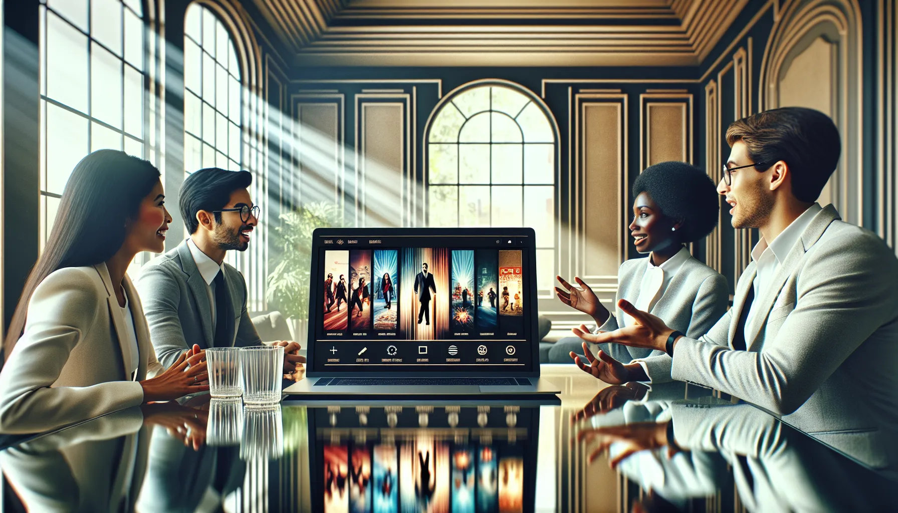 laptop displaying Telugu movies on Wap.org with diverse people engaged.