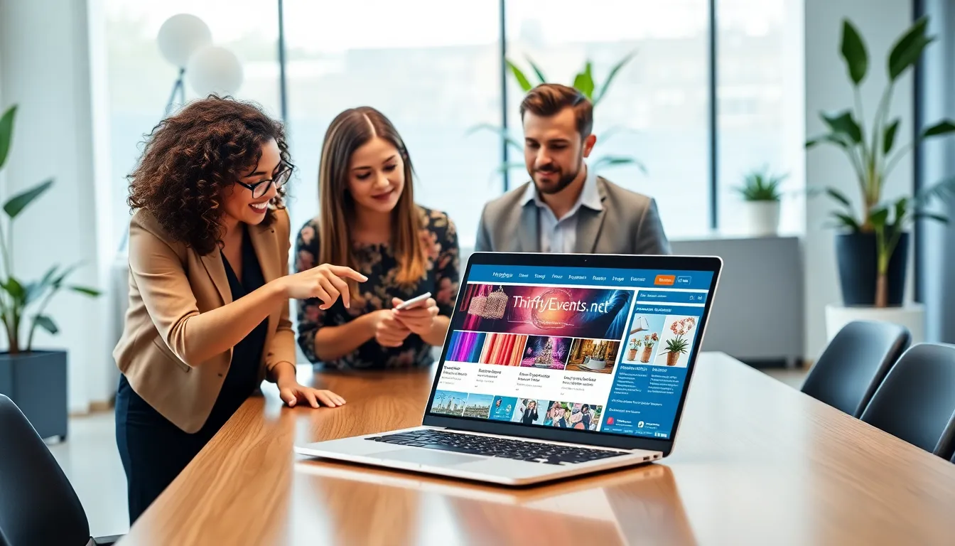 Diverse professionals collaborating over event planning on a laptop.