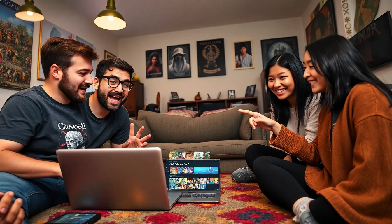 A group of gamers discussing content on a laptop in a cozy living room.