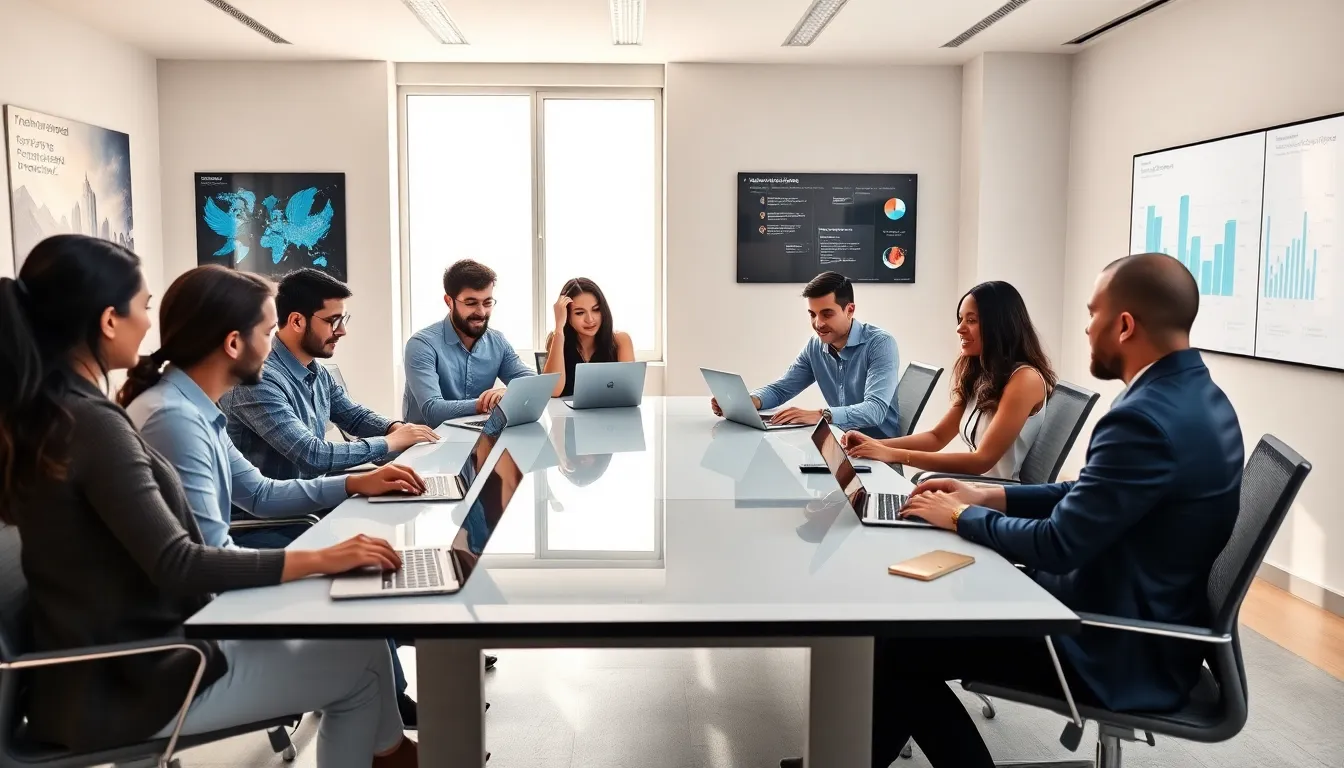 diverse team brainstorming in a modern office setting.