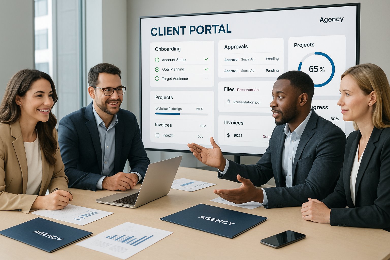 Agency team reviewing a branded client portal dashboard in a modern office.