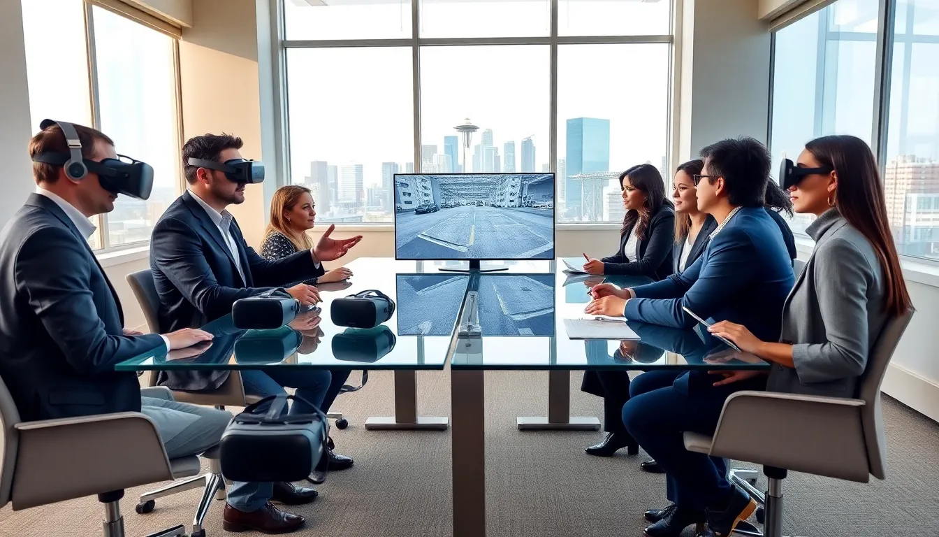 diverse group of professionals collaborating on virtual reality technology in Seattle.