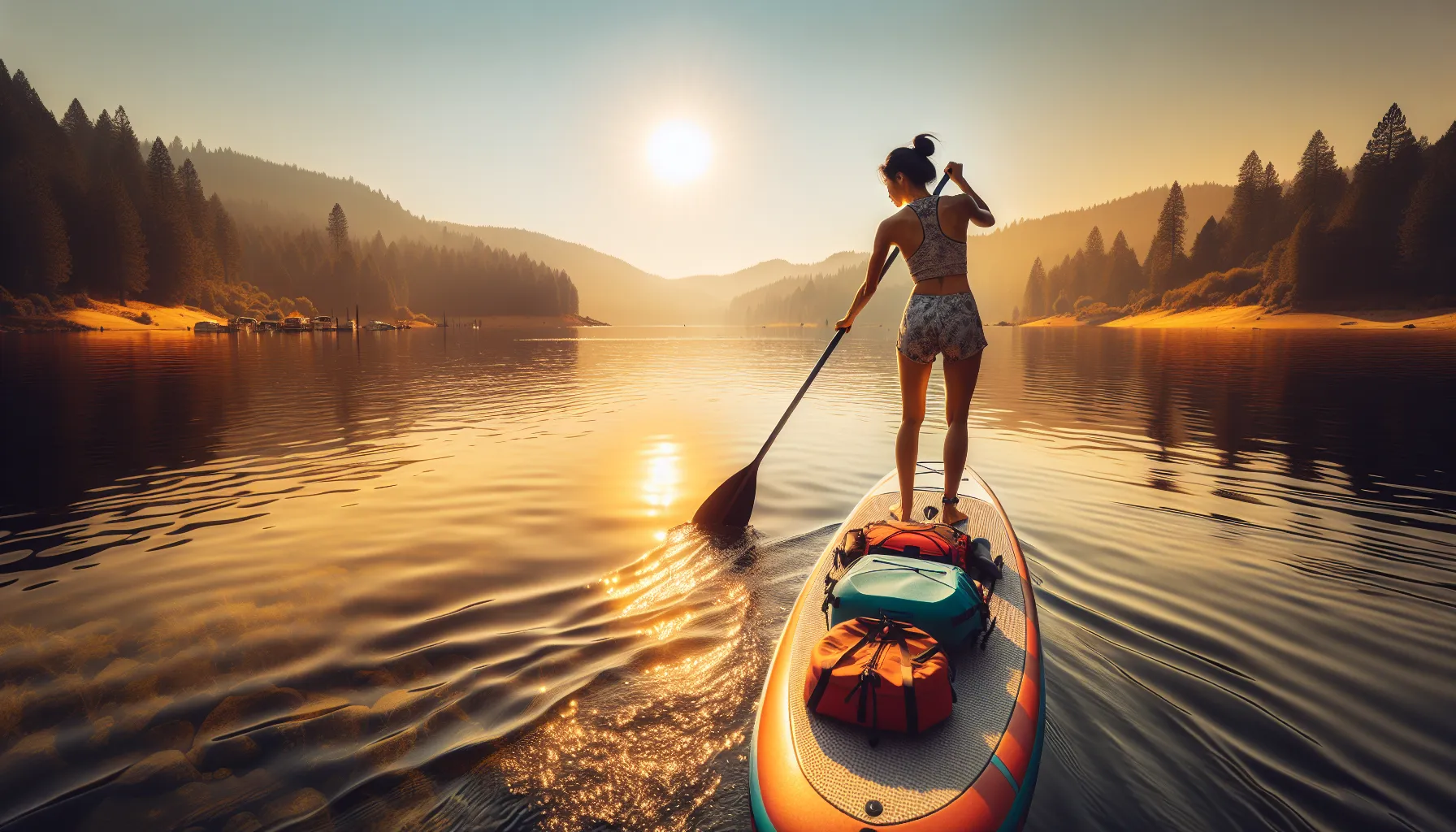 A person paddleboarding on a tranquil lake during sunset.