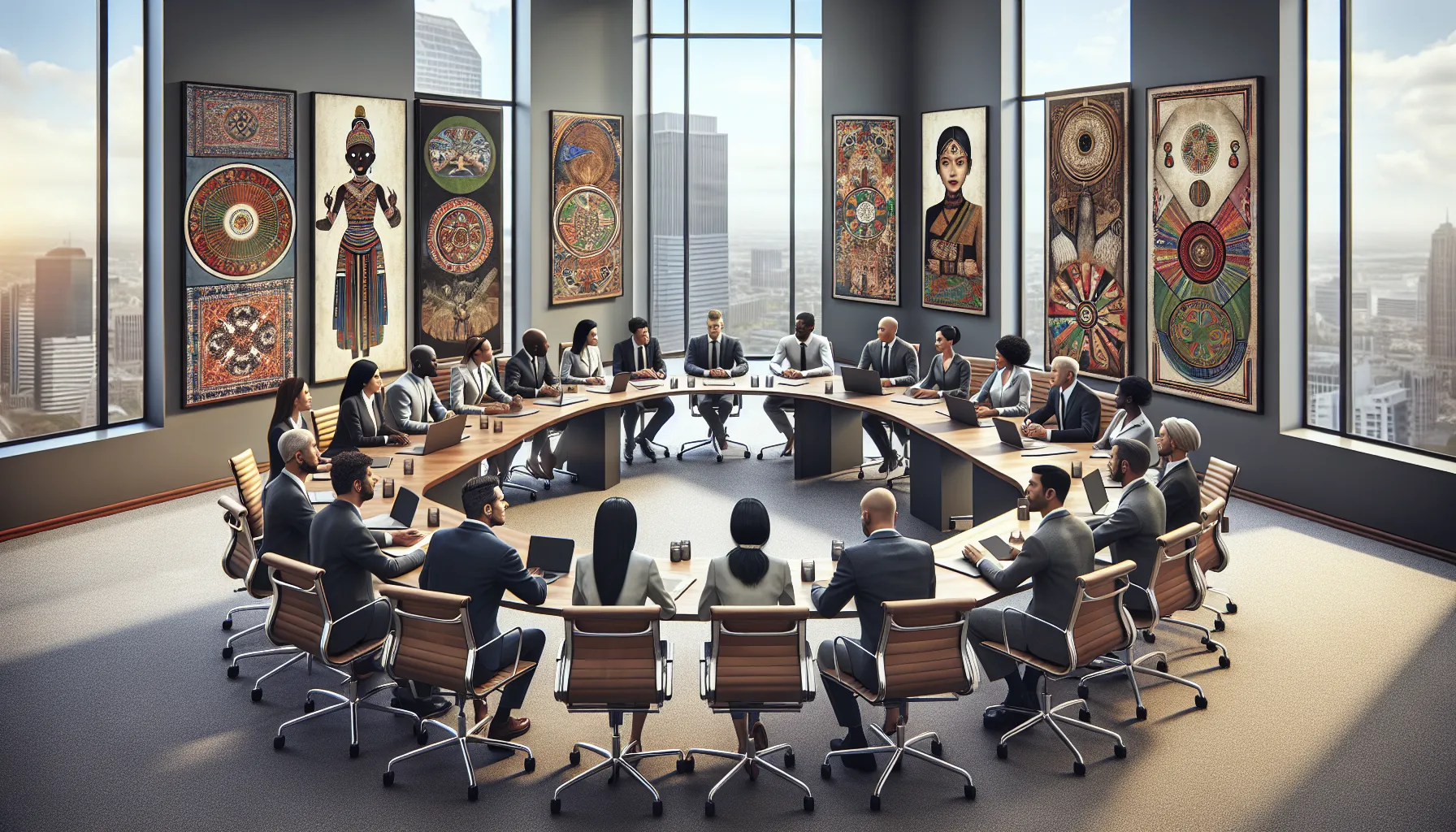 diverse professionals discussing Rhtlbcnjhbz in a modern office.