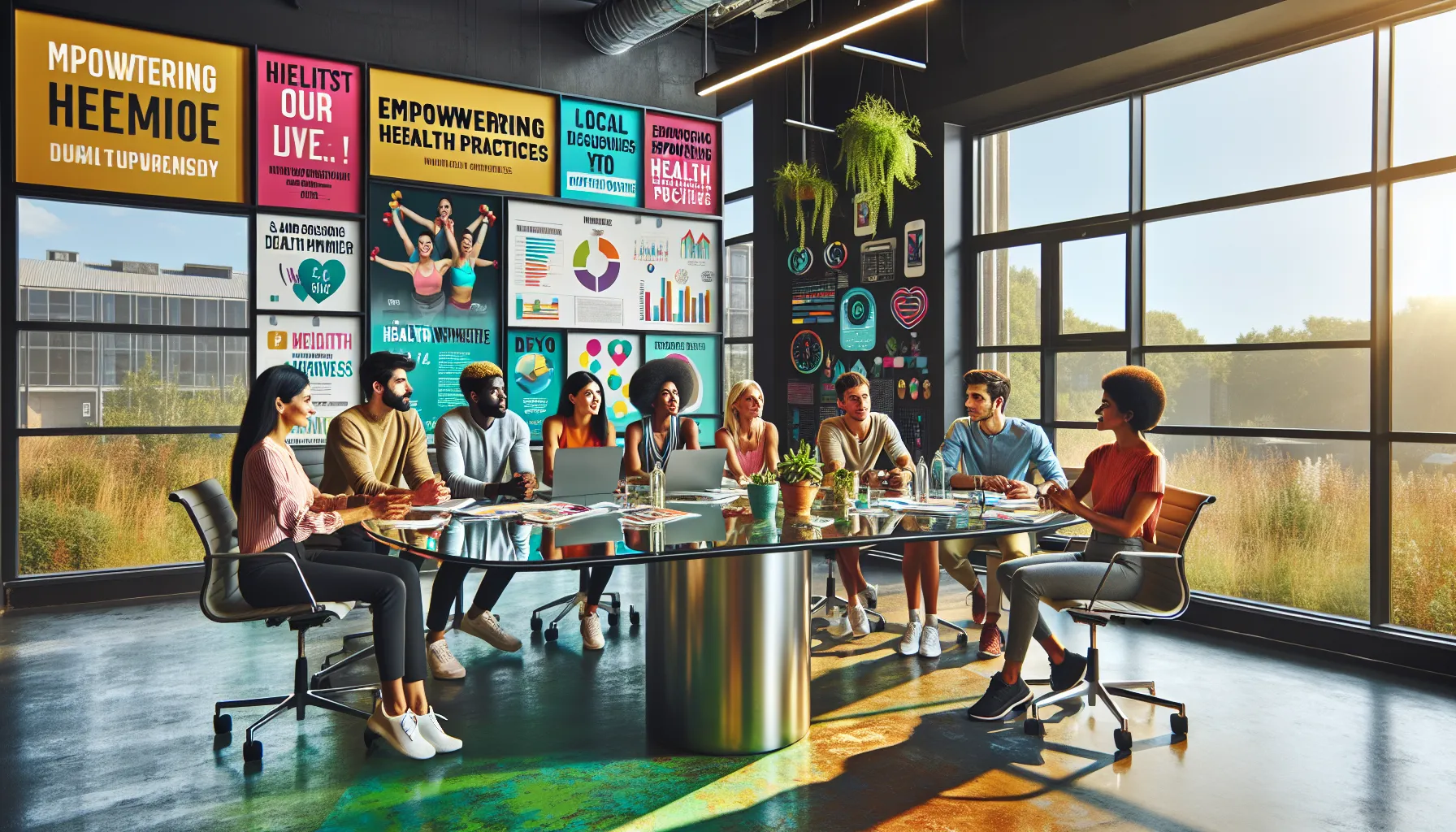 diverse team collaborating on health and wellness initiatives in a bright office.