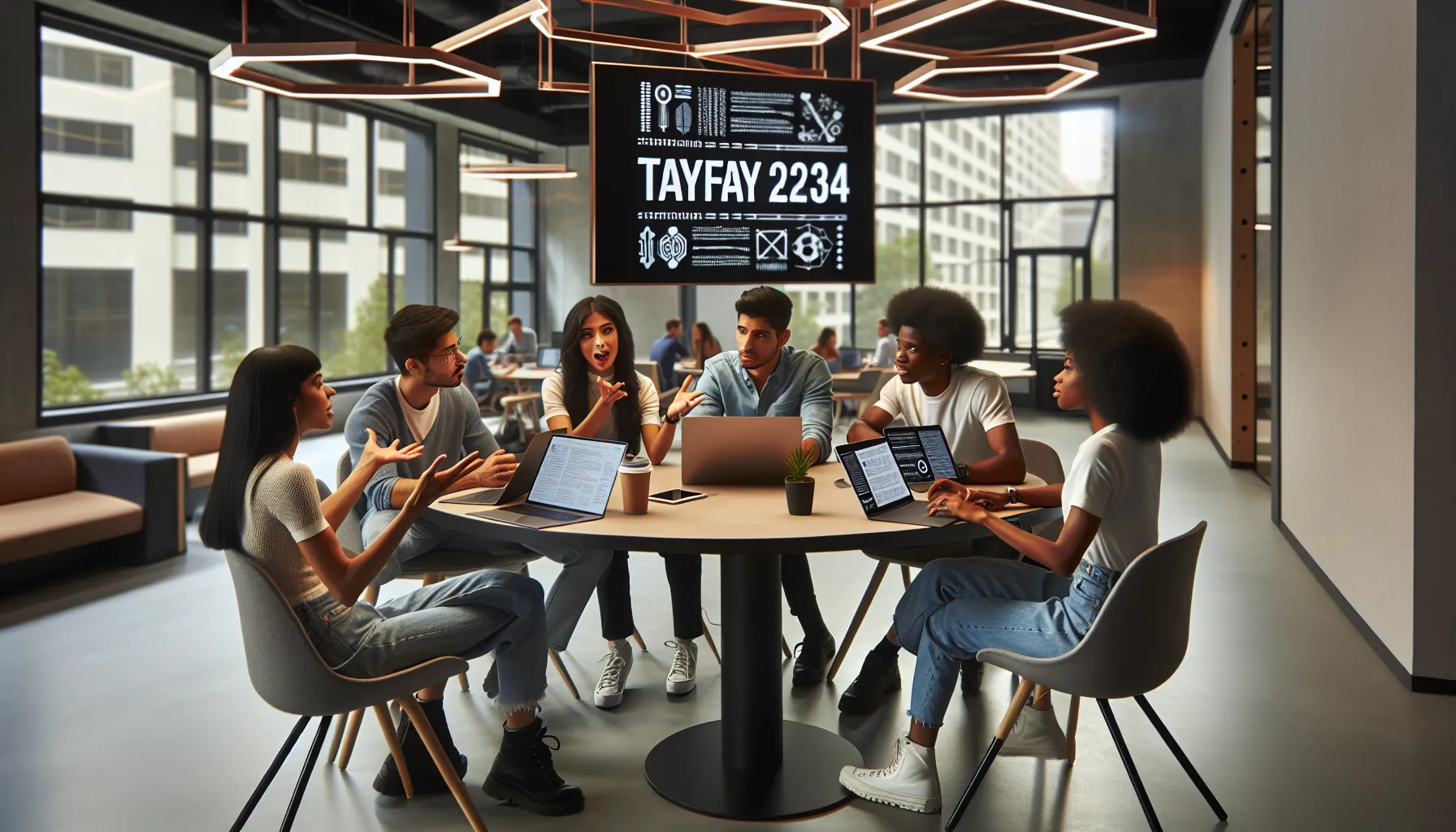 Diverse professionals collaborating in a modern coworking space.