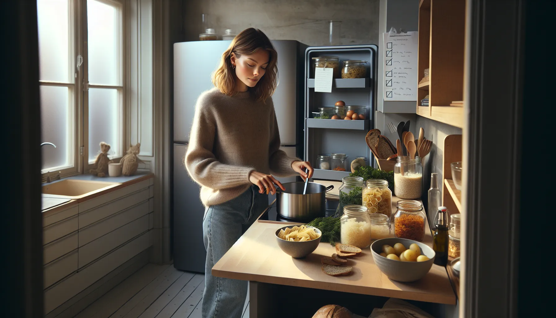Norwegian woman cooking a creative meal from organized leftovers in a cozy kitchen.
