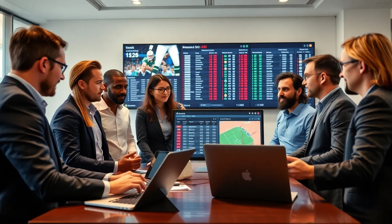 diverse professionals collaborating on a digital sports betting dashboard.