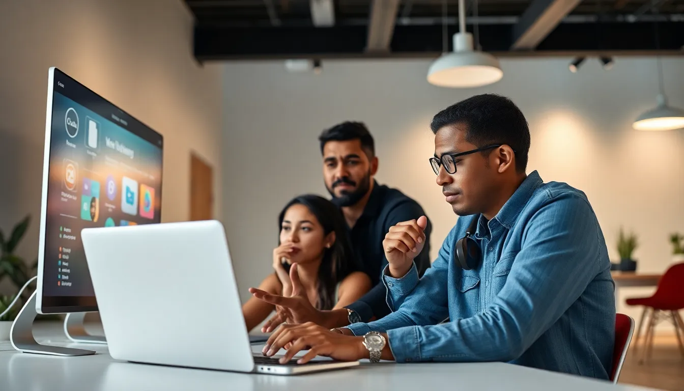 diverse team collaborating on GameMaker Studio in a modern office.