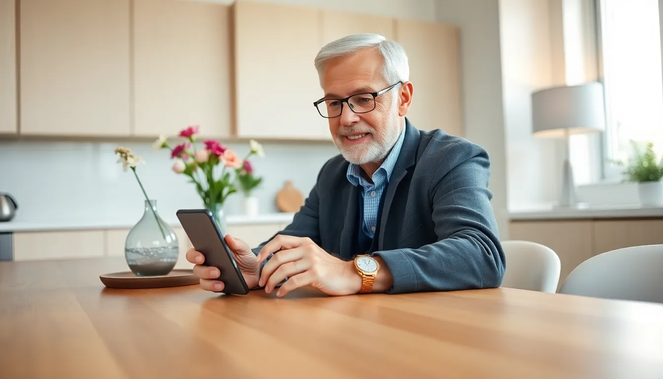Senior man using a simple mobile phone in a bright kitchen.