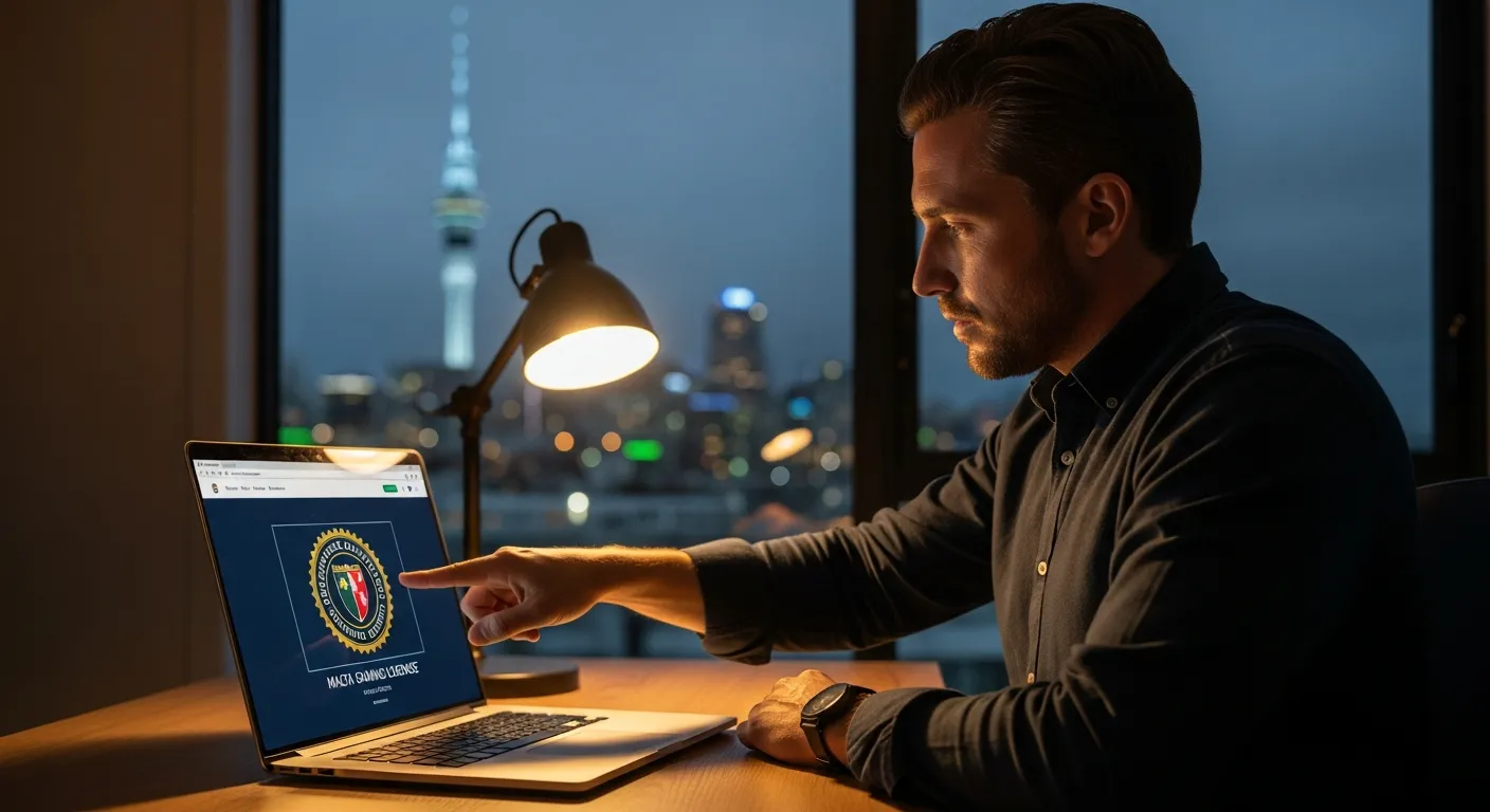A man verifying an online casino license on a laptop in an Auckland home office.