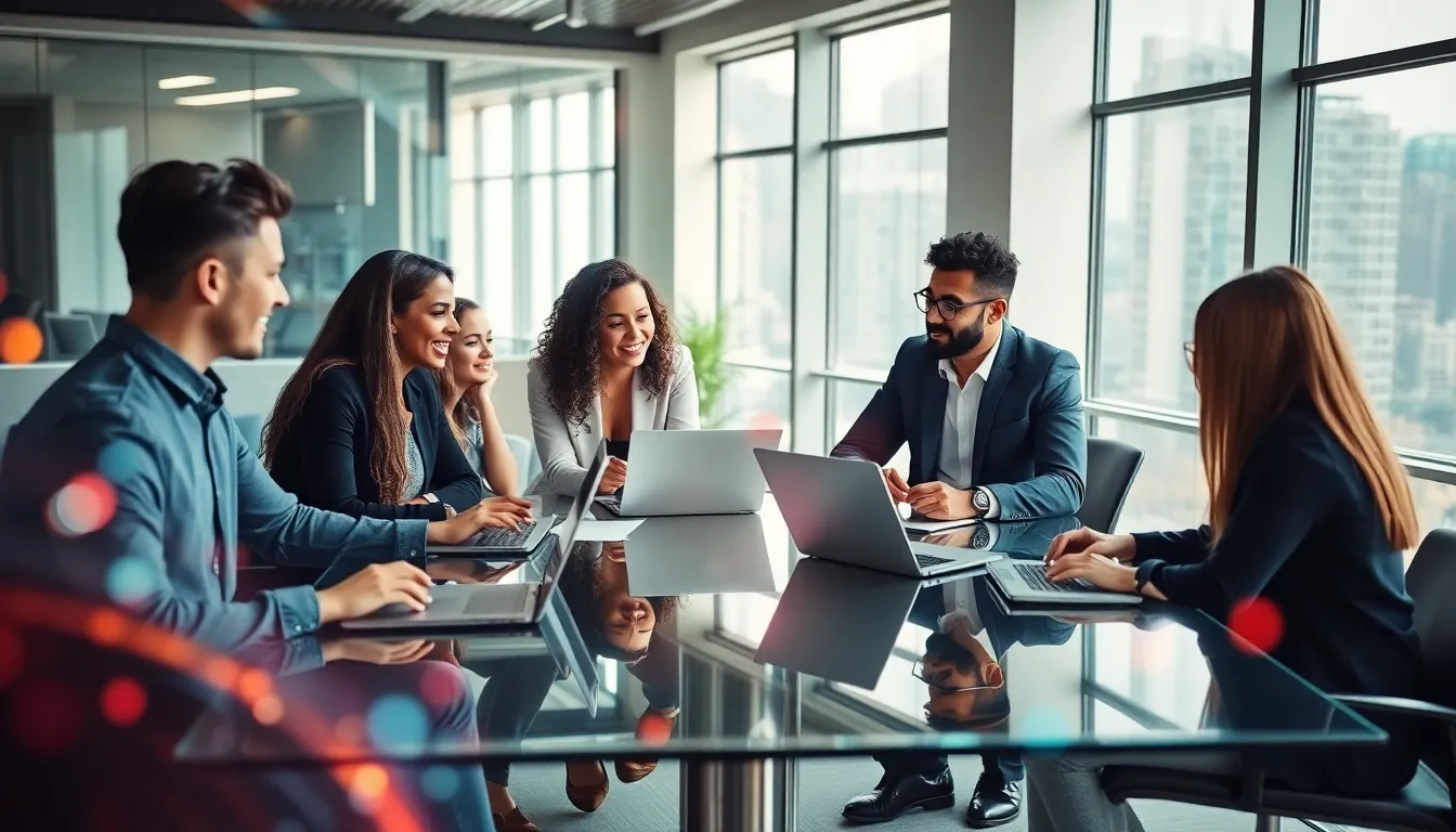 diverse team brainstorming in a modern office setting.