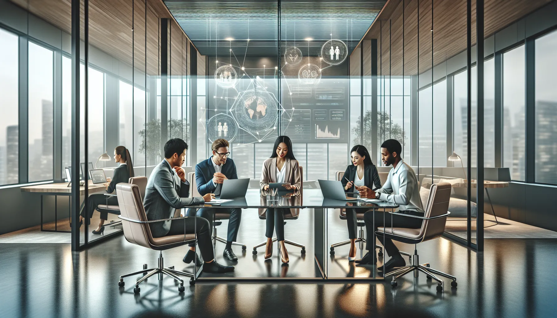 diverse team collaborating in a modern office with technology.