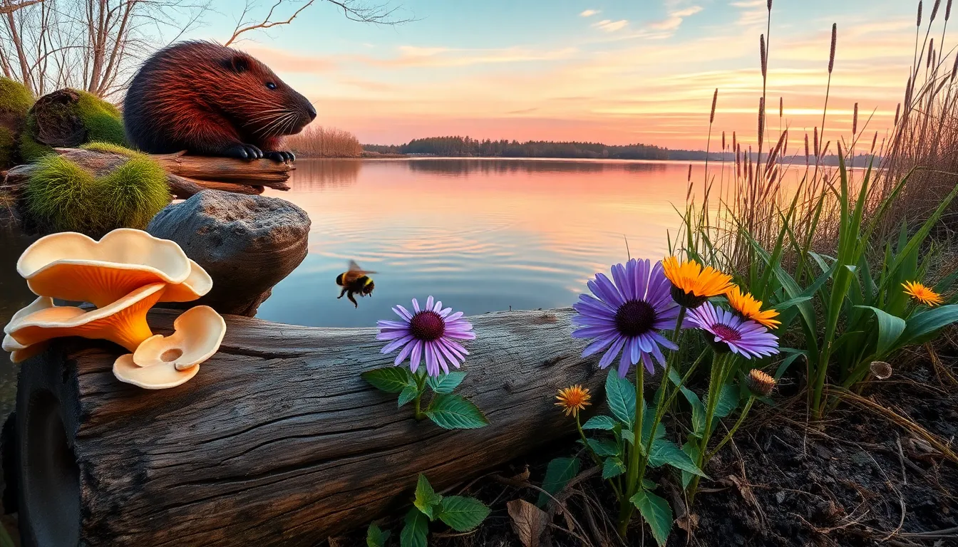 Beaver dam in a wetland with plants, fungi, pollinators, and a heron at golden hour.