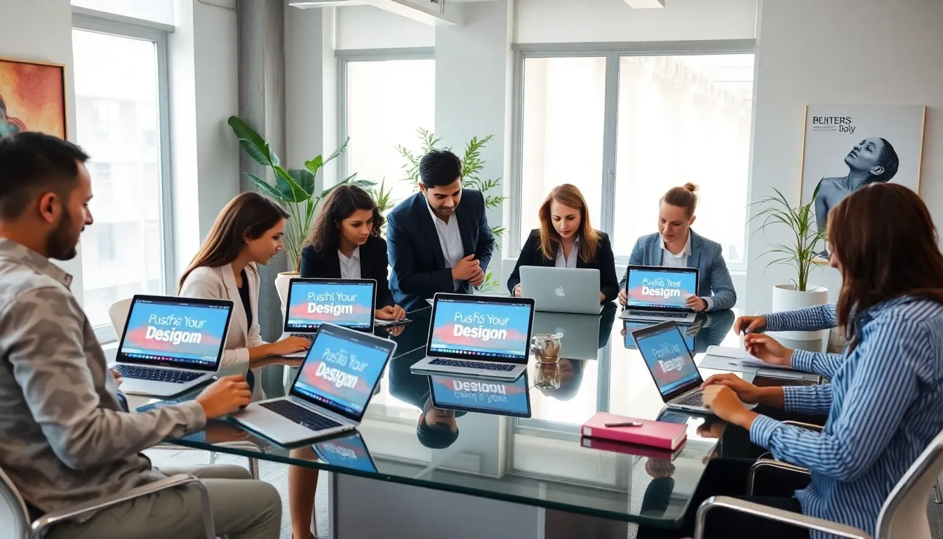 diverse team collaborating with design tools in a modern office.