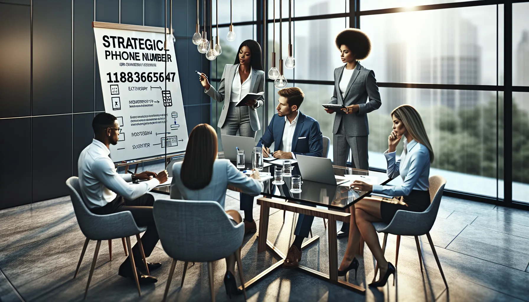 diverse professionals discussing phone number branding in a modern office.