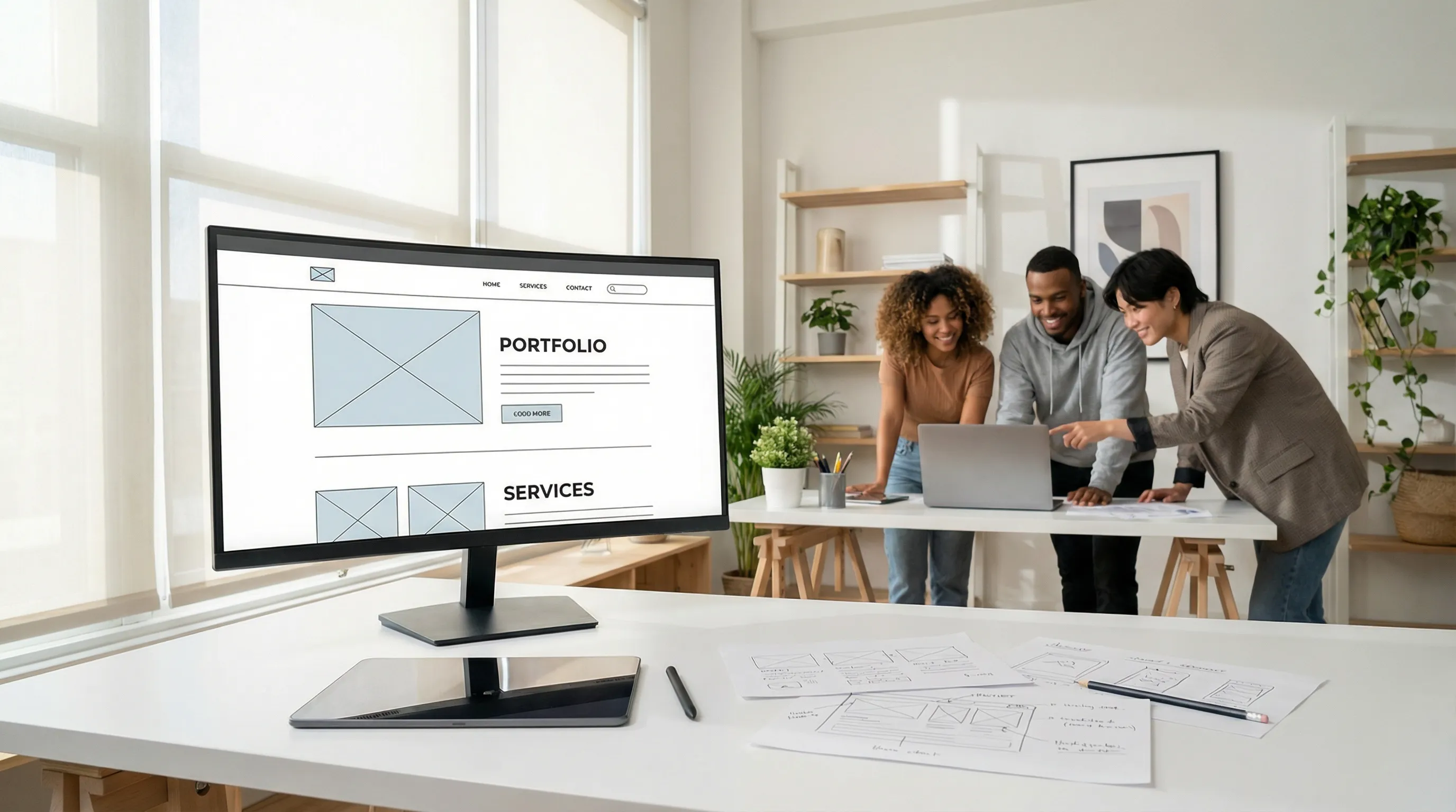 Modern office scene showing a web developer’s desk with a large monitor displaying a website design, wireframes and notes on the table, and a small team collaborating in the softly lit background.