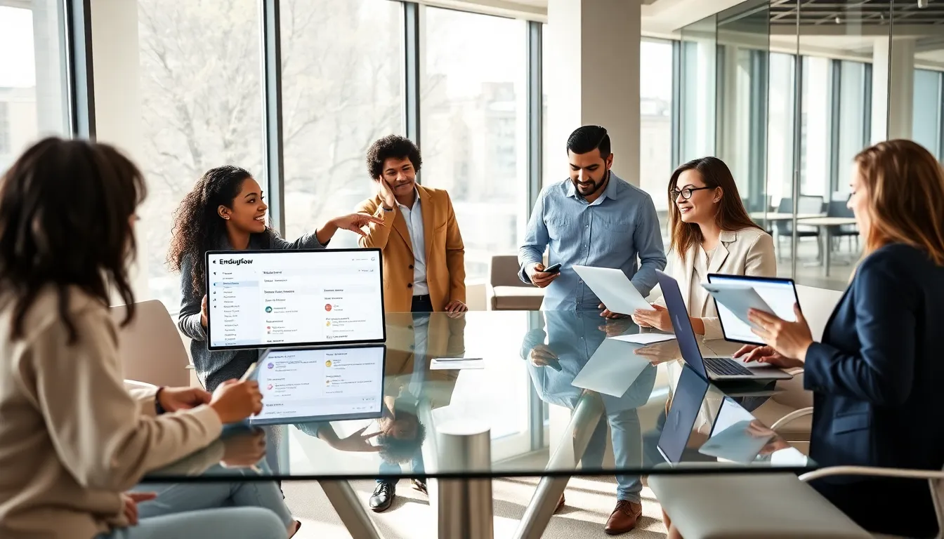 diverse team collaborating on Endbugflow software in a modern office.