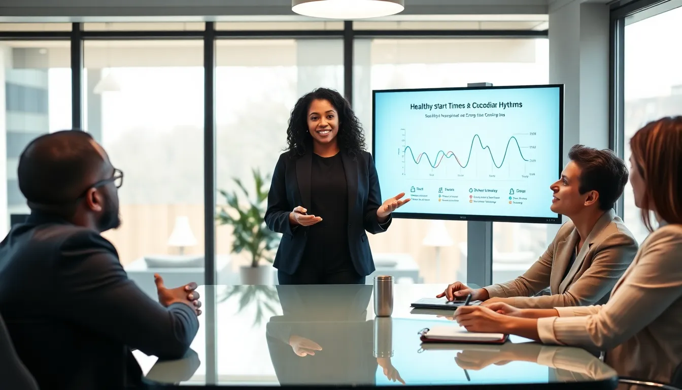 diverse team discussing circadian rhythms in a modern office.