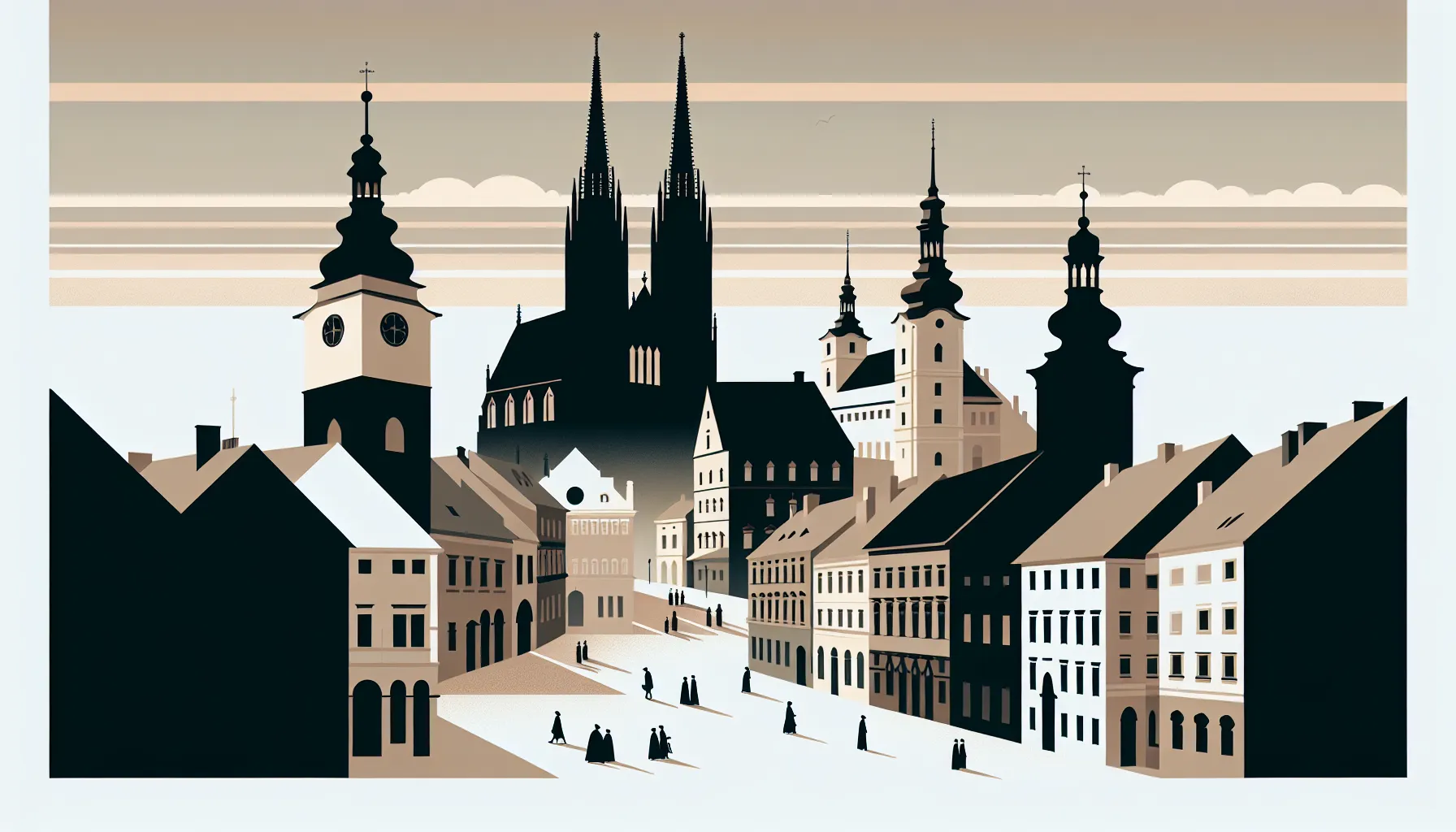 Minimalist illustration of 19th century Zagreb with historic buildings and walking figures