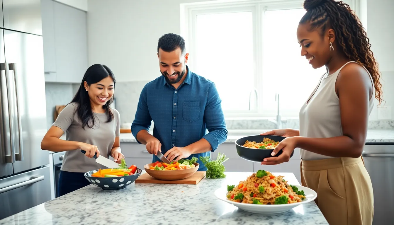 diverse group preparing easy meals in a modern kitchen.