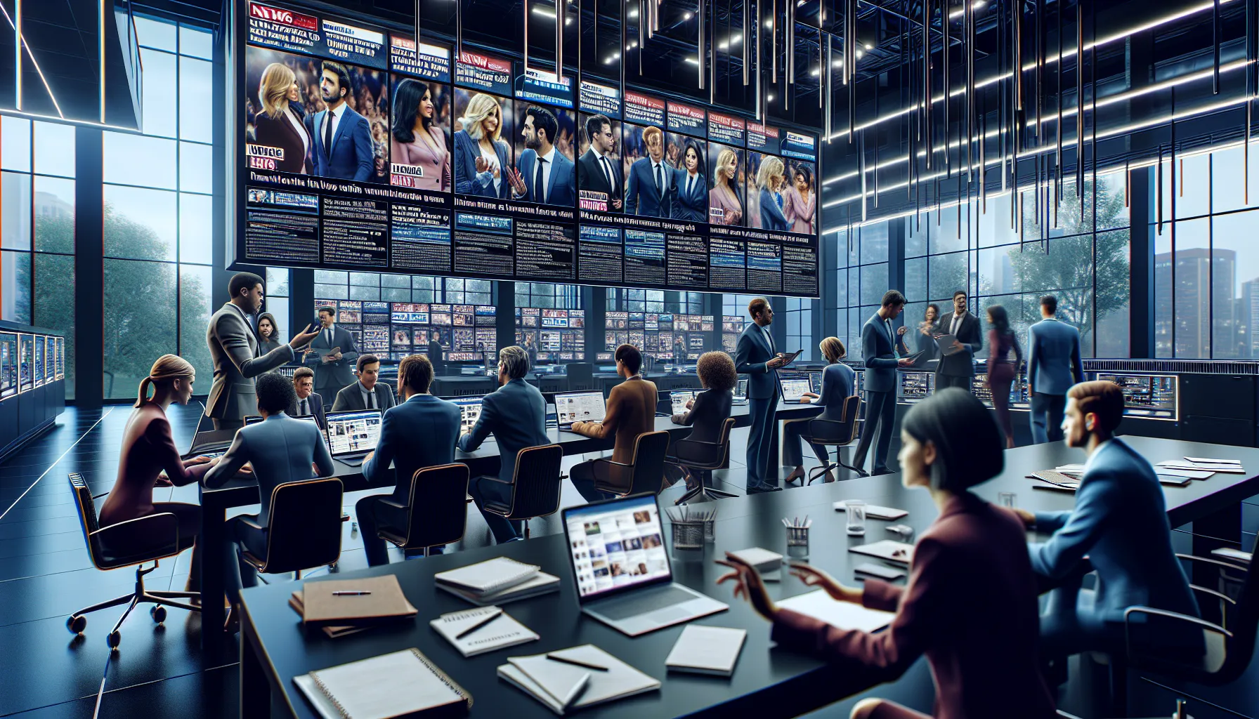 media professionals discussing celebrity relationship news in a modern newsroom.