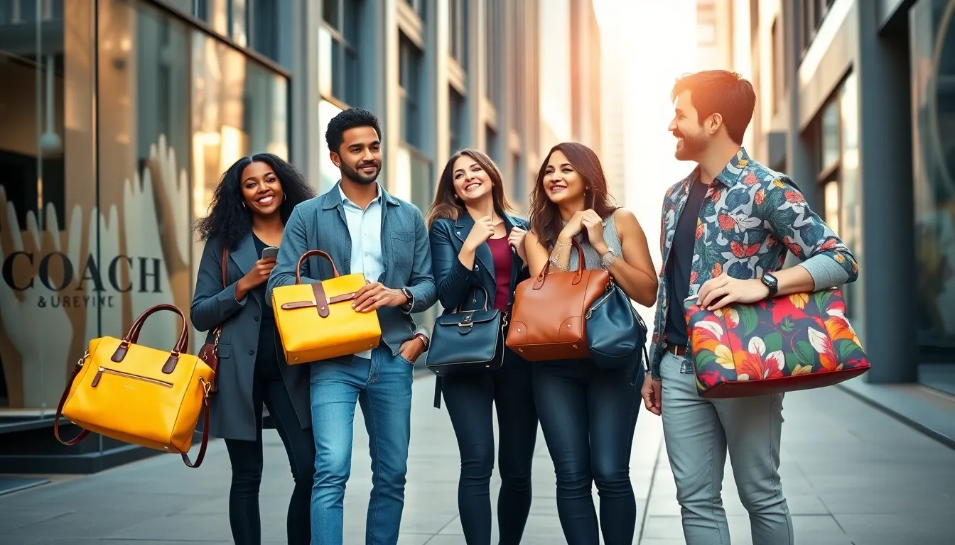 diverse group showcasing trendy Coach bags in a city setting.