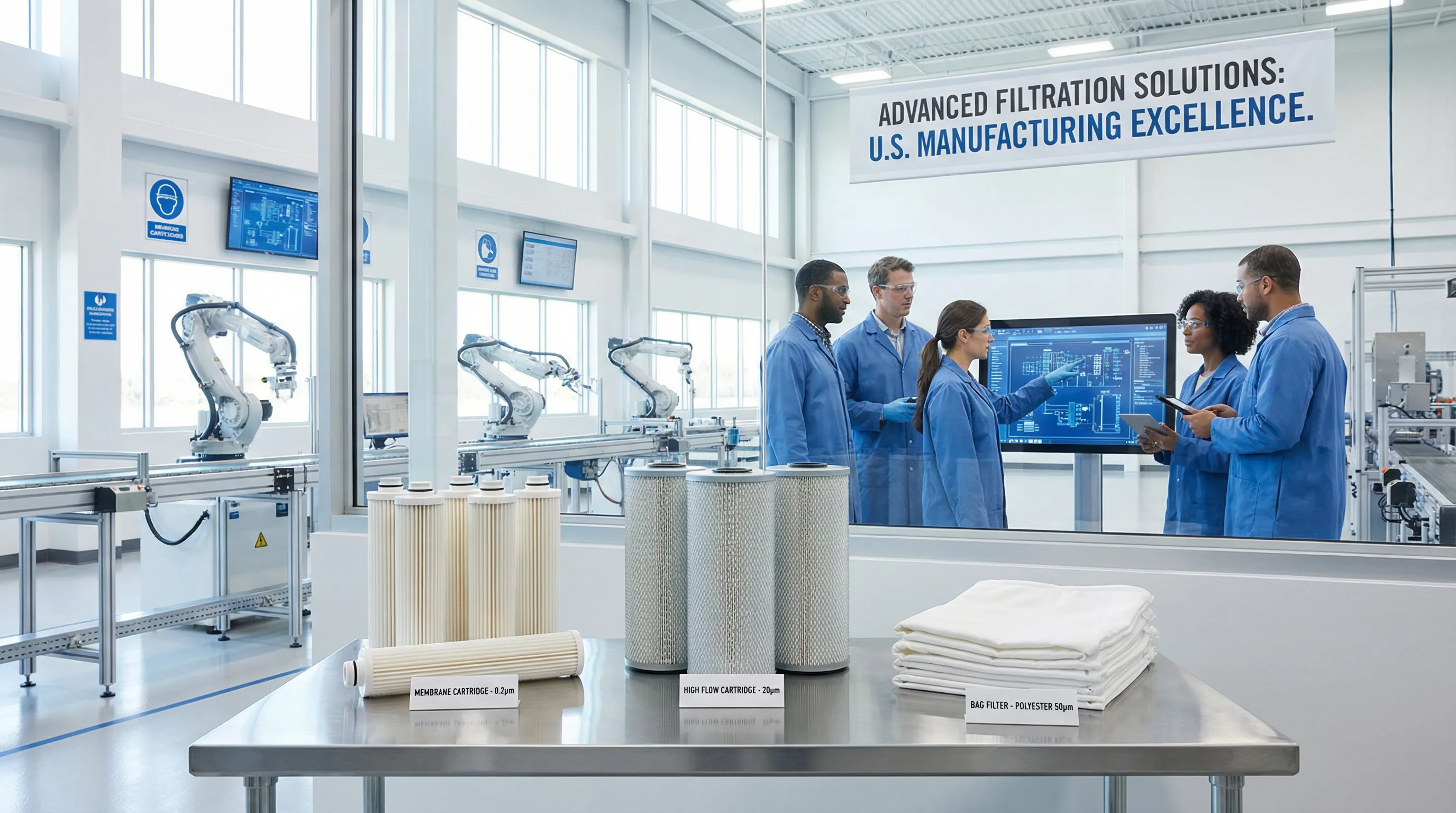 industrial filters displayed in a modern American manufacturing facility