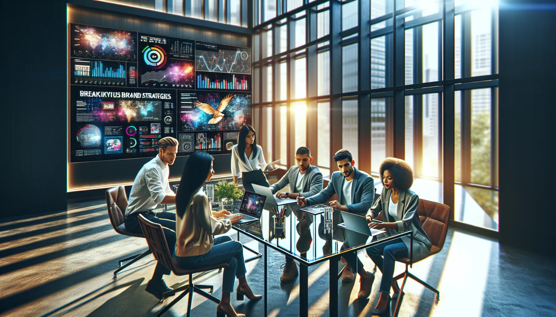 diverse marketing team discussing branding strategies in a modern office.