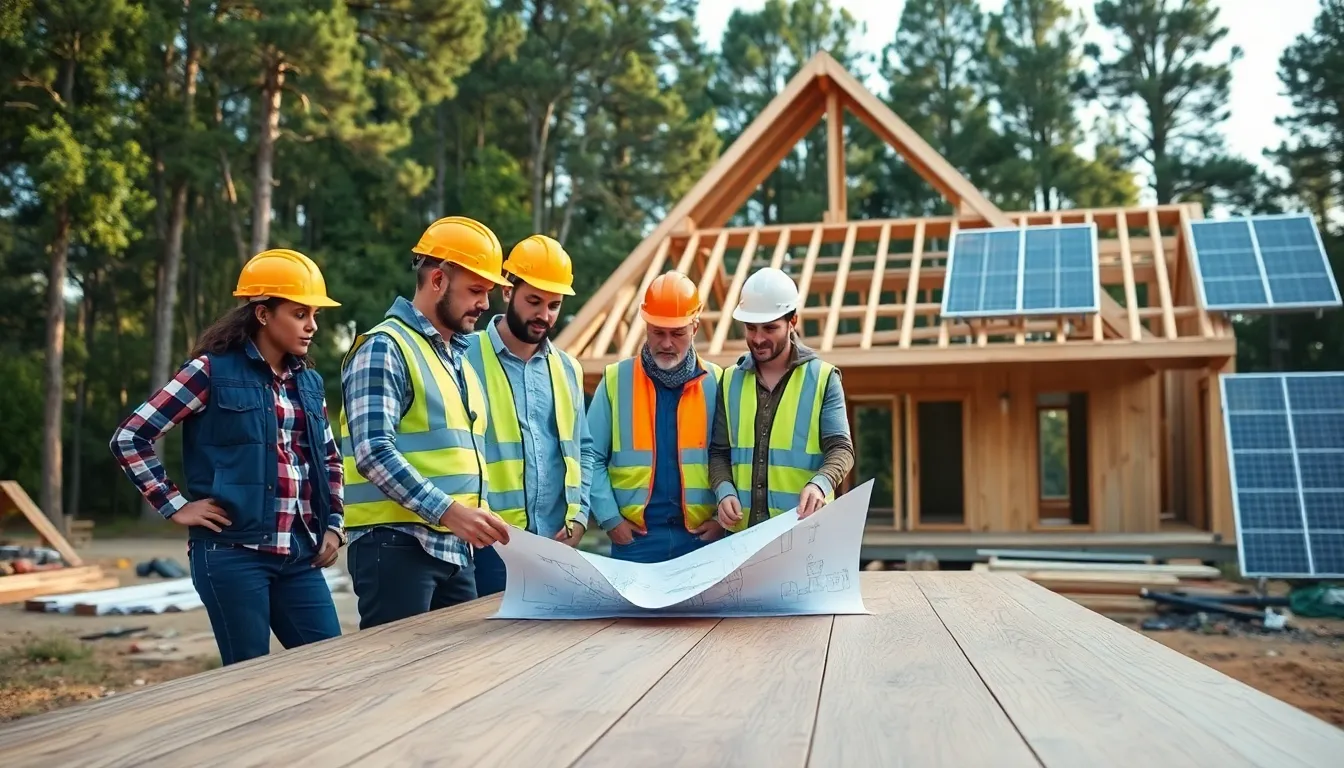 diverse team of builders working on an eco-friendly home project.