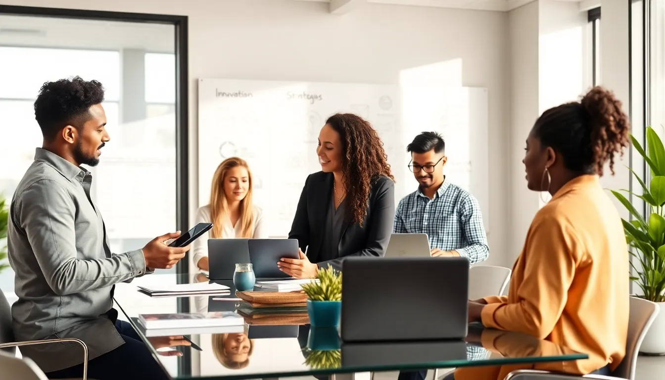 diverse team collaborating on technological innovation in a modern office.