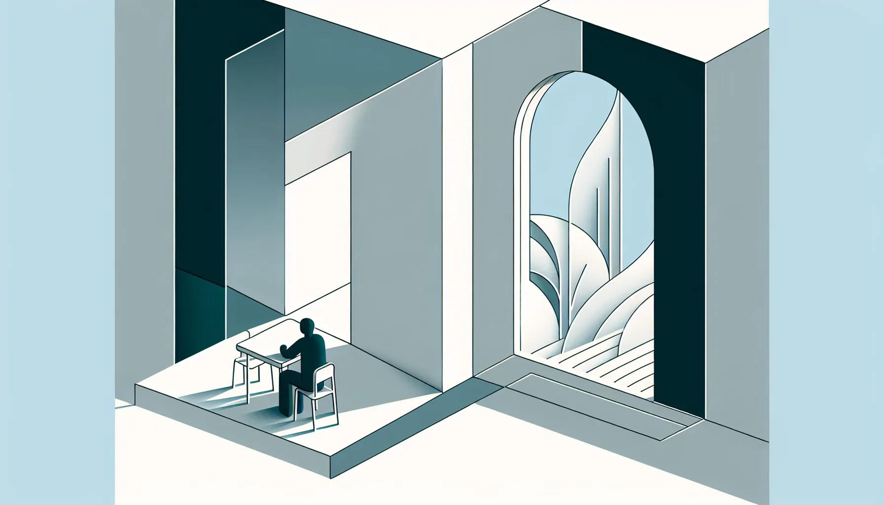 A minimalist figure in an urban interior contrasted with an open natural landscape view.