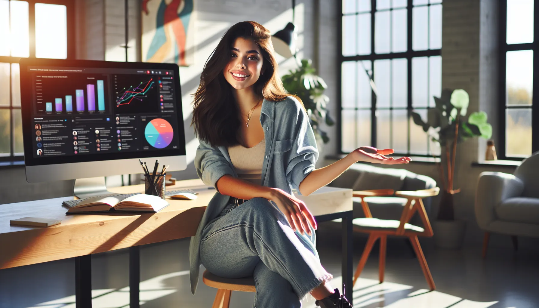 Diana engaging with her audience in a modern workspace.