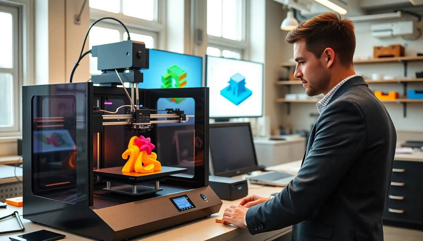 technician operating a multicolor 3D printer in a modern workshop.