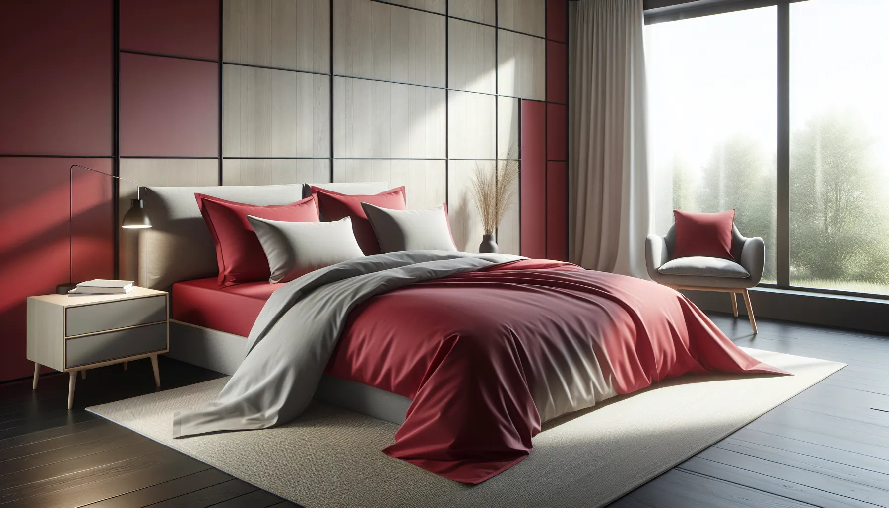 vibrant red fitted sheet on a modern bed.